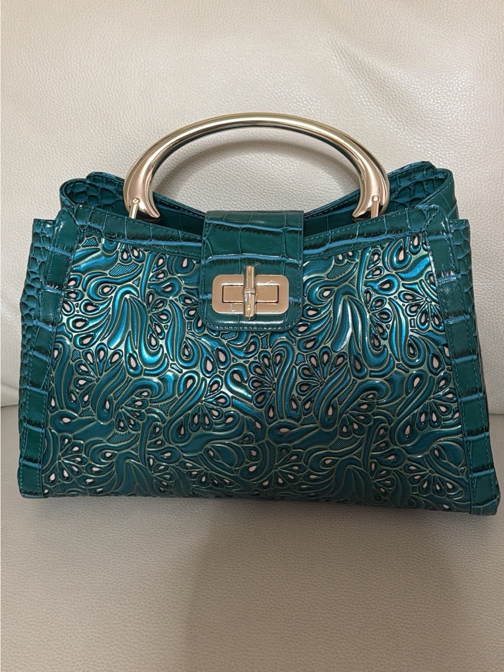 Brahmin Teal Embossed Floral Top-Handle Satchel with Gold Handles